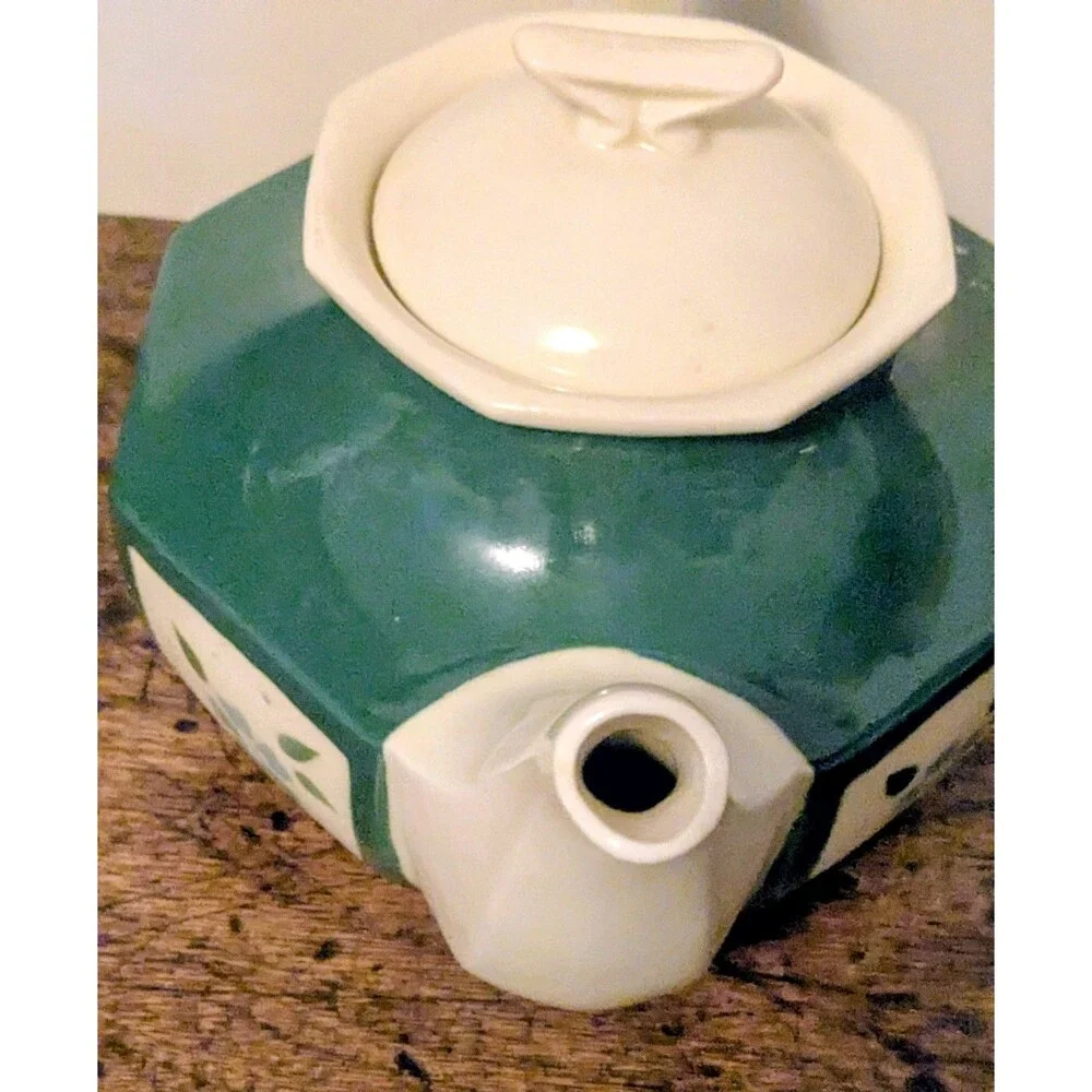 Vintage Porcelier Vitreous China Teapot Green White Geometric Floral  With Lid